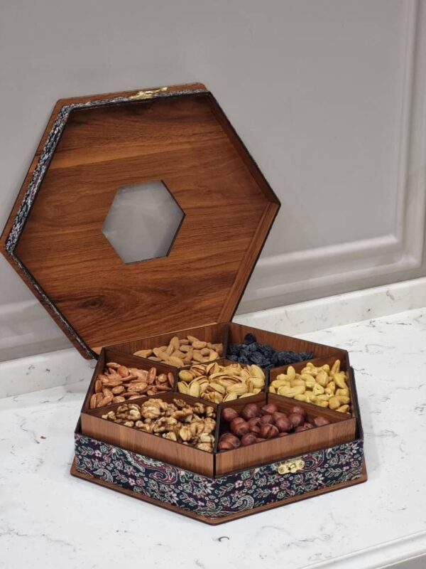 جعبه چوبی شش ضلعی سایز 30 سانت با ظرفیت 1300 تا 1500 گرم